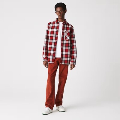 Size 2XL- Lacoste Men's Plaid Double Face Flannel Shirt, White/Red/Navy Blue.