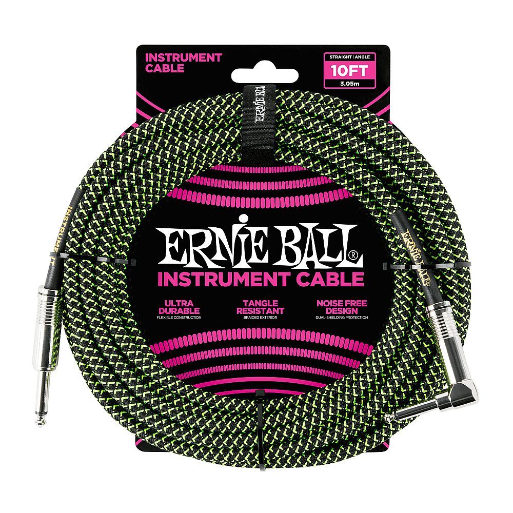Ernie Ball Braided Guitar / Instrument Cable (Black/Green, 10 ft, Straight/Righ…