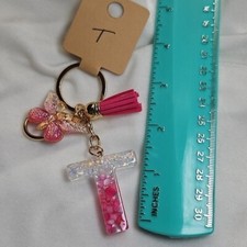 Initial Letter T Resin Pink Glitter Keychain Handbag Charm Purse Charm Butterfly