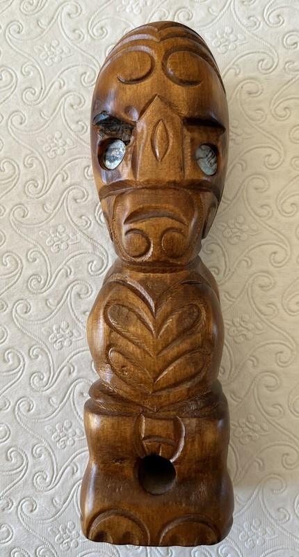 Māori  Hand Carved 6 3/4”Wooden Statue MOP Eyes New Zealand