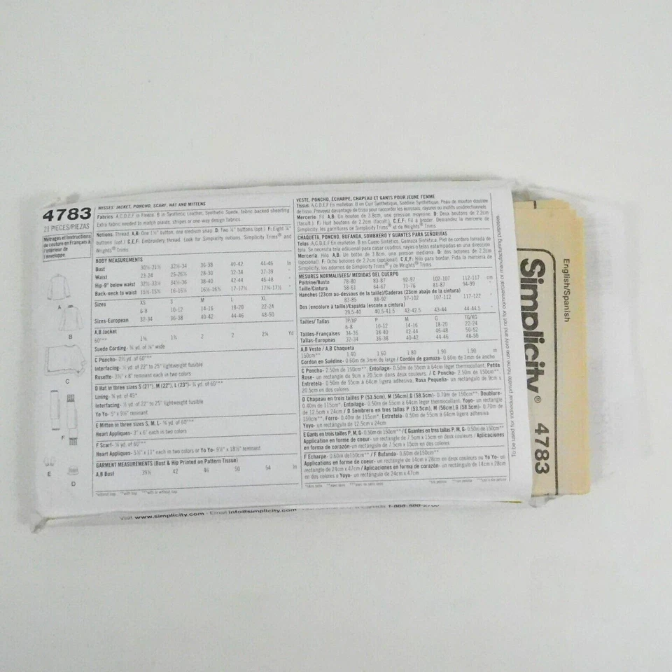 Simplicity 4783 Misses Jacket Poncho Scarf Mitts Hat Pattern Size XS-M Uncut - Image 4 of 4