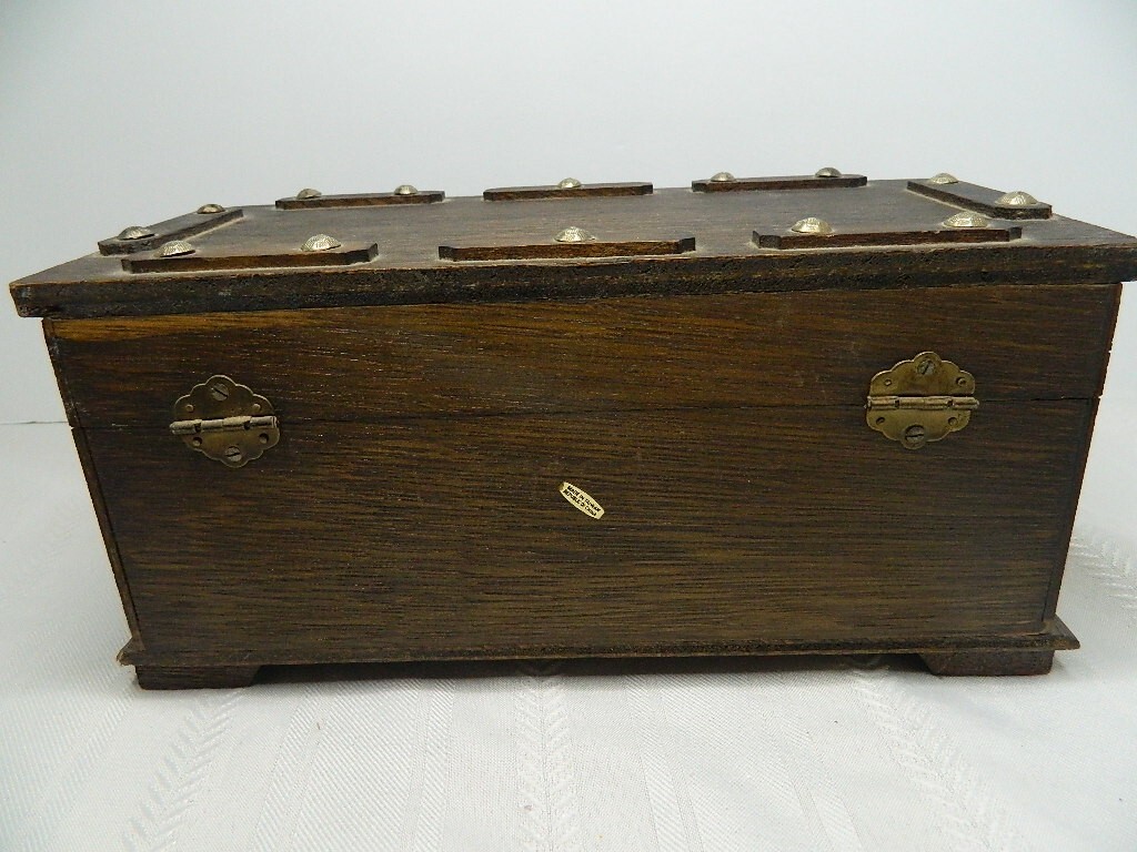 VTG S Sper Bijou Wooden Jewelry Box Red Velvet Lining Brass