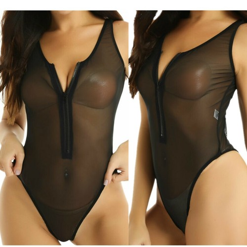 Damen Sexy Body Fischnetz Transparent Bodysuit mit Reißverschluss Teddy Babydoll - Picture 2 of 15
