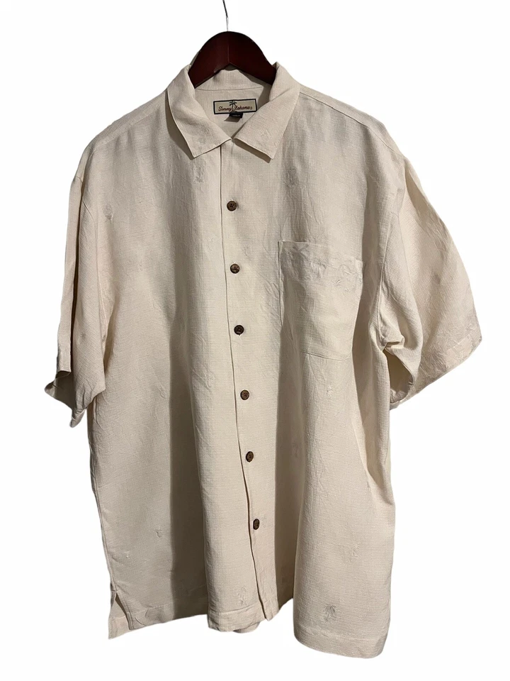 Camisa Tommy Bahama Para Hombre Grande 100% Seda Abotonada Manga Corta Estampado Palma Marfil Foto 2 de 4