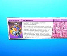 1985 G1 TRANSFORMERS BOMBSHELL INSECTICON TECH SPEC FILE CARD 100% ORIGINAL !!!