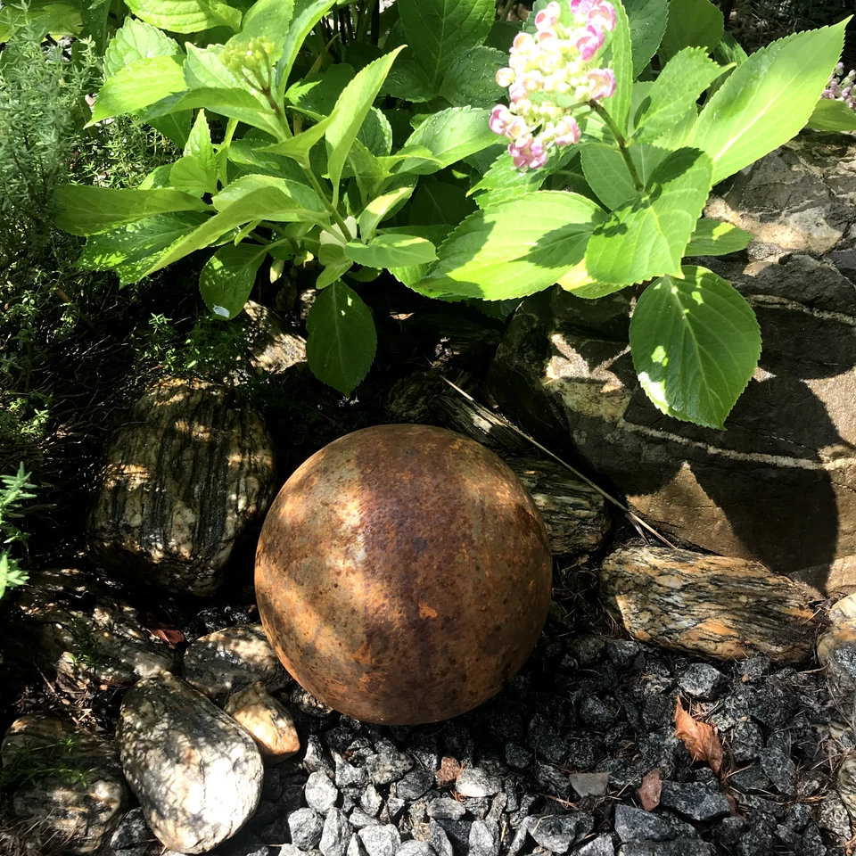 Esfera de jardín de 6", arte de metal oxidado, decoración oxidada, cuenco oxidado de jardín zen Foto 4 de 4