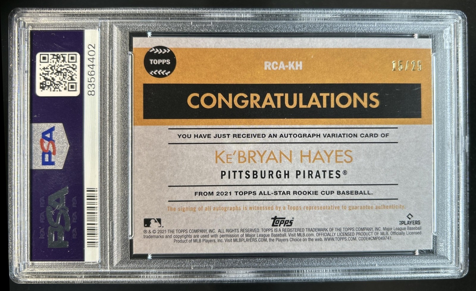 2021 Topps All-Star Rookie Cup Ke Bryan Hayes Auto Orange Holofractor /25 PSA 10 view 2