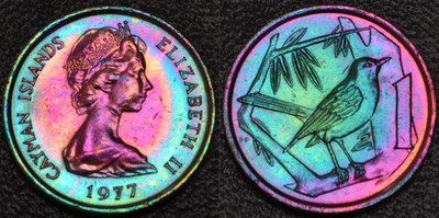 1977 Cayman Islands 1 cent RAINBOW TONING (L60-49)