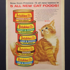 Friskies Cat Food 5 todos nuevos sabores gatito 1963 anuncio impreso de colección