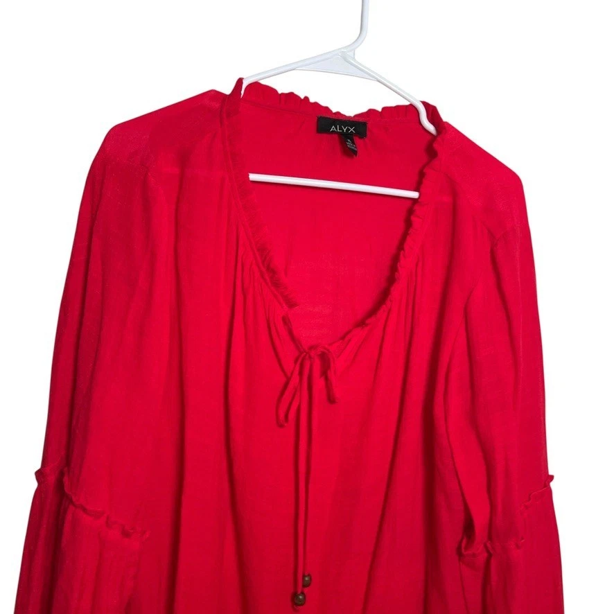 Blusa feminina Alyx GG gola V gravata gola redonda manga longa boho babado camisa top - Imagem 2 de 4