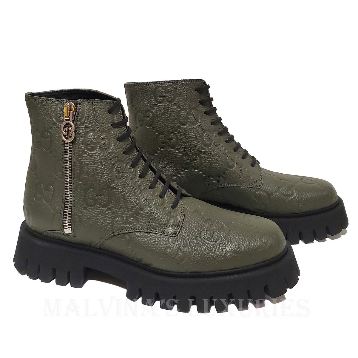 GUCCI BOOTS MENS ANKLE GREEN GG LOGO LEATHER ZIPPER LACE-UP
