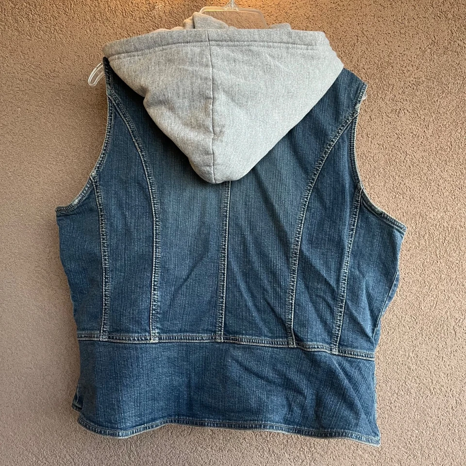 Colete jeans feminino Live a Little XL azul botão/zip cinza moletom com capuz de 2 camadas - Imagem 3 de 4