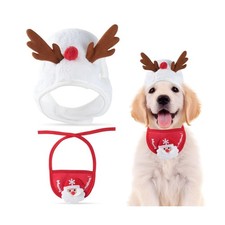 Dog Christmas Hat, Pet Christmas Clothes with Reindeer Antler Hat and Santa B...