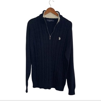 U.S. Polo Assn. Men's Cable Knit Quarter Zip Pullover Sweater Navy Blue Preppy L