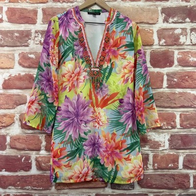 Boston Proper Dress Womens XS Multicolor Tropical Floral Palm Resort Beaded