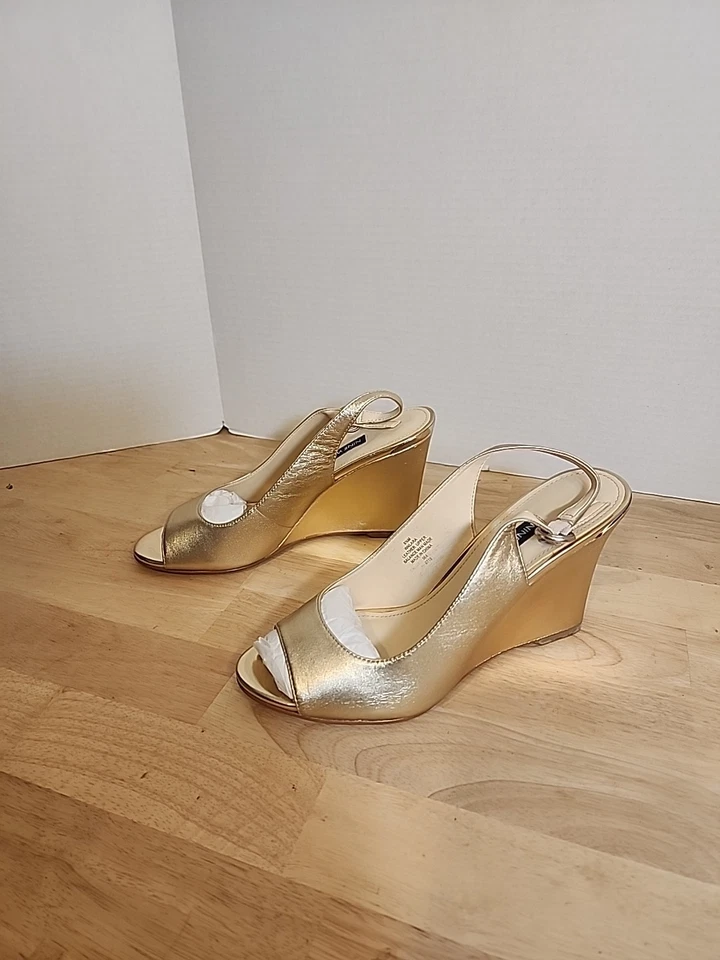 NINE WEST Mujer 8.5 Cuero Dorado Cuña Plataforma Peep Toe Correa Tobillo Zapatos Foto 2 de 4