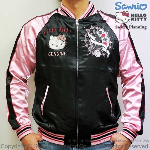 Sanrio x Switch Planning Trump Hello Kitty Embroidered Sukajan Black x Pink S - Picture 2 of 5