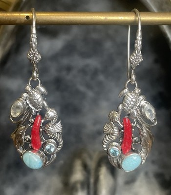 Bali Sterling Silber Meeresbewohner Multi Edelstein Ohrringe 