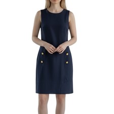 Vince Camuto Navy Blue Gold Button Nautical Knit Sheath Dress Women’s Size 6 