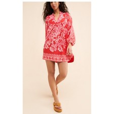 FARM Rio Red Pink Floral Print Tunic Dress Button Front Mini Dress Pockets