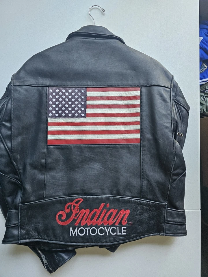 Chaqueta de Motocicleta India Vintage Cuero Negro Bandera Americana Talla 48 Foto 2 de 4