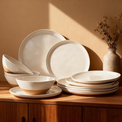 Melamine Dinnerware Sets of 12 Pcs, Kitchen Plates and Bowls Set for 4, Unbre...
