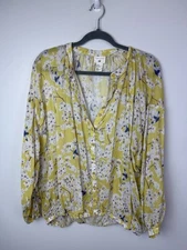 H&M X Anna Glover Yellow Floral Long Sleeve Button Front Top Women's 10