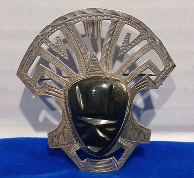 Vintage Carved Goldstone Mask Headdress Pin Or Pendant Sterling Silver Mexico