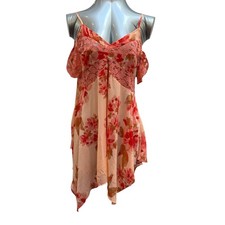 Free People Pink Floral Lace Cold Shoulder Handkerchief Hem Mini Dress Boho