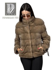 Giacca cappuccino orizzontale in vera pelliccia di visone con colletto