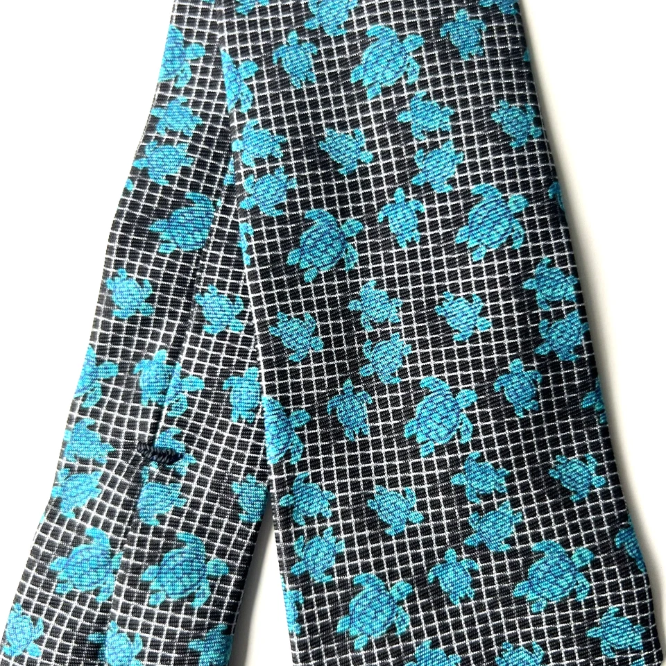 VILEBREQUIN Corbata de cuello delgada negra y gris con tortugas verdes 100% seda Hecho en Italia Foto 3 de 4