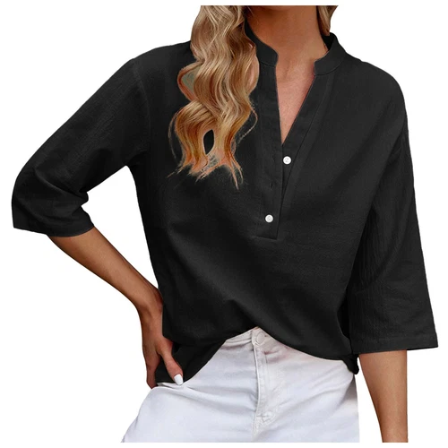 3/4 Sleeve Women's Top Casual Loose Round Neck T Shirt Cute Solid Color Long - Picture 6 of 42