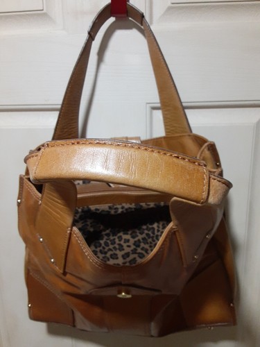Stunning Vtg Perlina NY Leather Purse Western Shoulder Tote Bag Cognac Brown - Picture 7 of 7