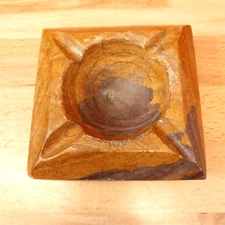 Vintage Onyx Hand Carved Stone Ashtray 4 Slot Square Brown Stone 4x4 Paperweight