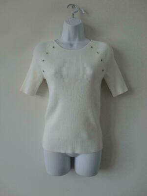 New AKRIS White Round Neck Short Sleeve Cotton Knit Top 8 w/ Rib Eyelet Detail