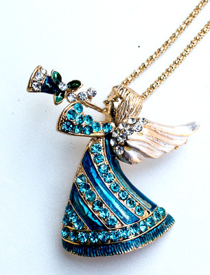 Blue Angel Pendant / Brooch Pin on a 25'' Gold Tone Necklace #3.   NWOT