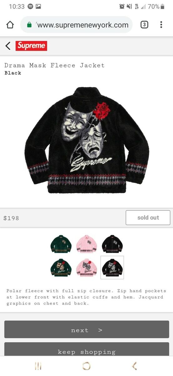 Supreme SS20 Drama Mask Fleece Jacket Black Medium Order Supreme SS20 Drama Mask Fleece Jacket Black Medium Order