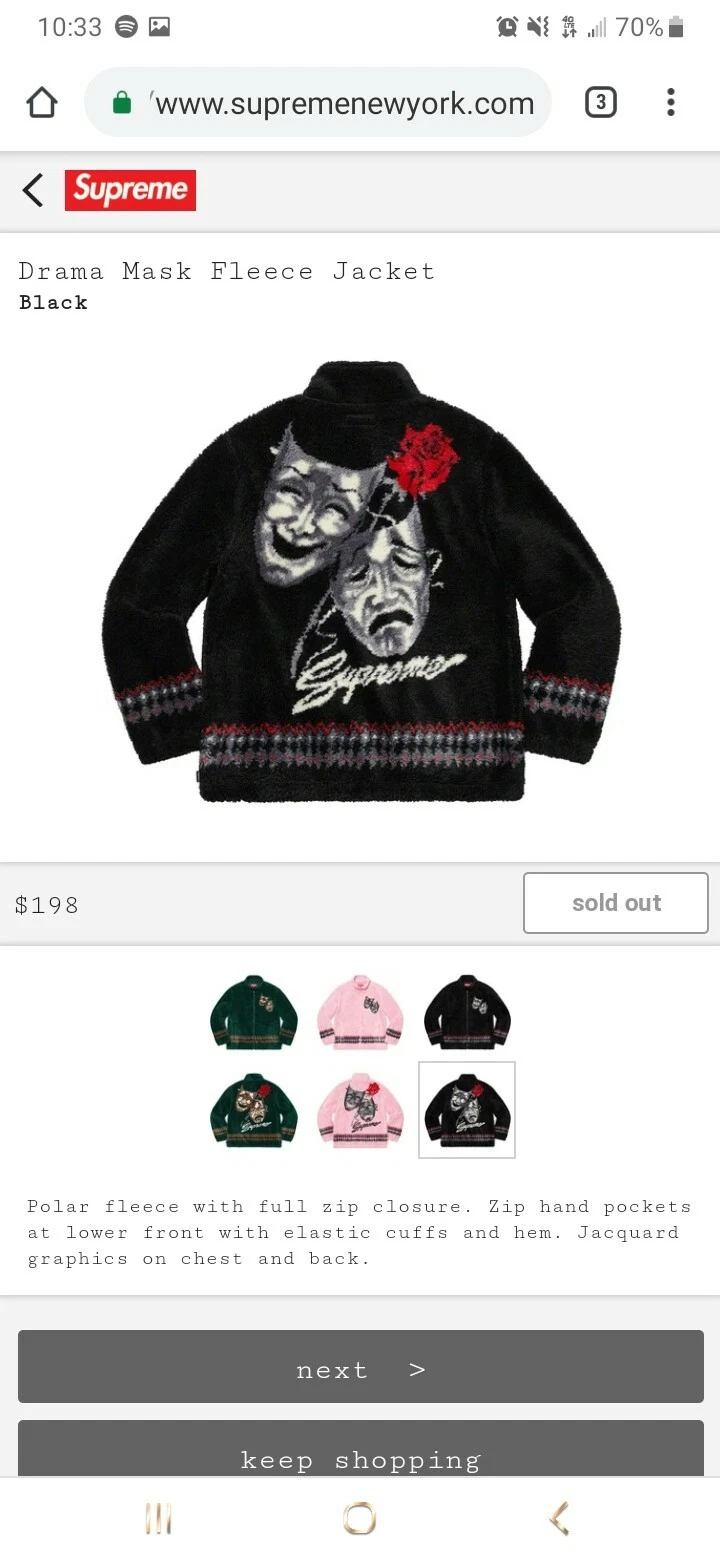 Masque dramatique Supreme SS20 veste polaire noire commande moyenne confirmée