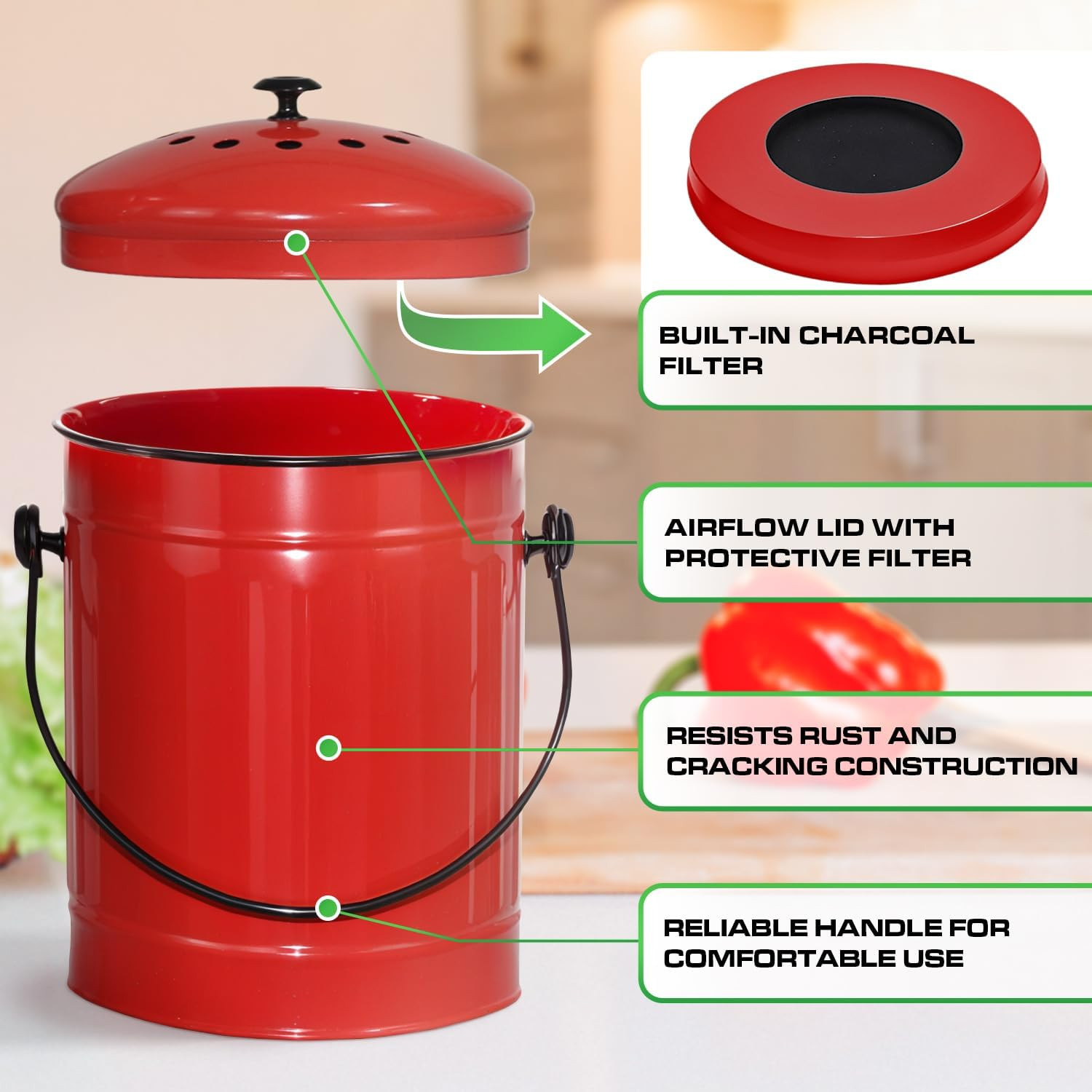Plexon Countertop Compost Bin with Lid, Red 1.5 Gallon Odorless Kitchen Compost 