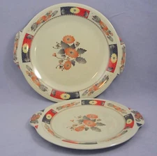 2 Floral Melamine Glazed Handled Cake Plates Round Serving Platters 12" and 10"