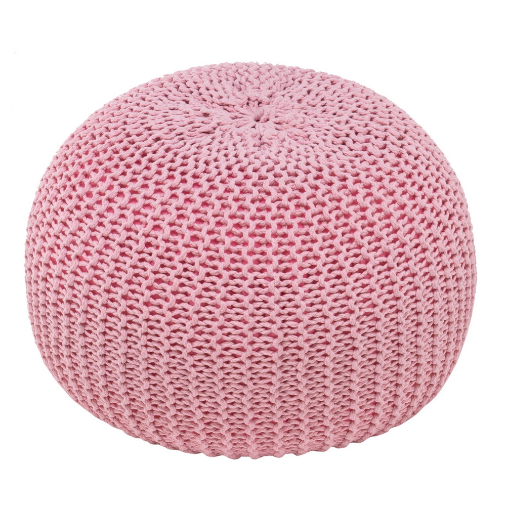 Pink Round Pouf Foot Stool Ottoman - Knit Bean Bag Floor Chair - Cotton