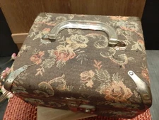 VINTAGE TAPESTRY SEWING CASE , SEWING BOX  , SMALL TRAIN CASE