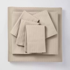    THRESHOLD Queen 6pc 400 Thread Count Damask Solid Sheet Set Natural  AS IS