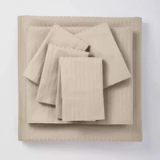 🎬 THRESHOLD Queen 6pc 400 Thread Count Damask Solid Sheet Set Natural🆕AS IS