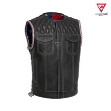 Men's Club Style Leather Vest American Flag Motorbike Leather Vest Diamond Vest