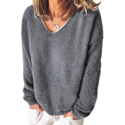 Damen Fleece Sweatshirt Mit V-Ausschnitt pullover Casual Einfarbig Oberteil