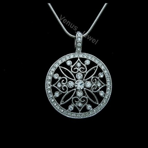 Clear Rhinestone Crystal Flower Round Pendant Necklace P077 - Picture 1 of 2