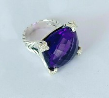 DAVID YURMAN 20MM STERLING SILVER AMETHYST CUSHION ON POINT DIAMOND RING Size 7