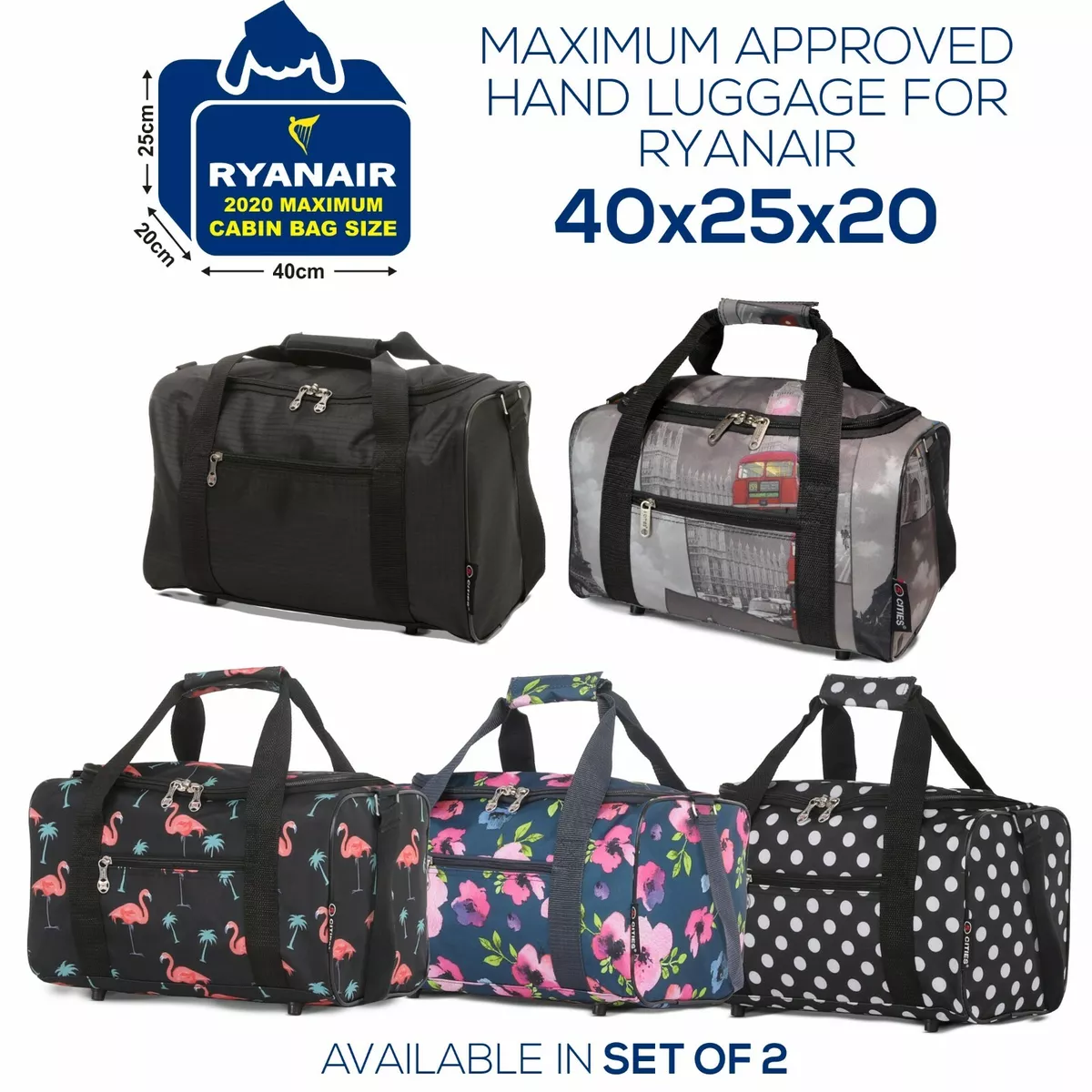 5 Cities 40x20x25 Ryanair Maximum Sized Cabin Bag Carry on Holdall Flight  Bags