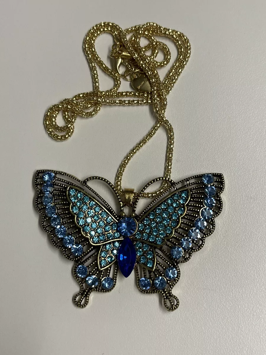 Butterfly Necklace Aqua Blue Turquoise Rhinestones Gold Tone